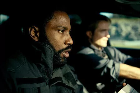 Robert Pattinson and John Washington in a still rom Tenet movie directed by Christopher Nolan