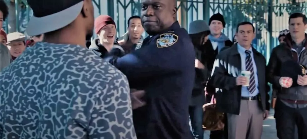 In a still from Brooklyn Nine-Nine Season 3 Episode 11 cold open