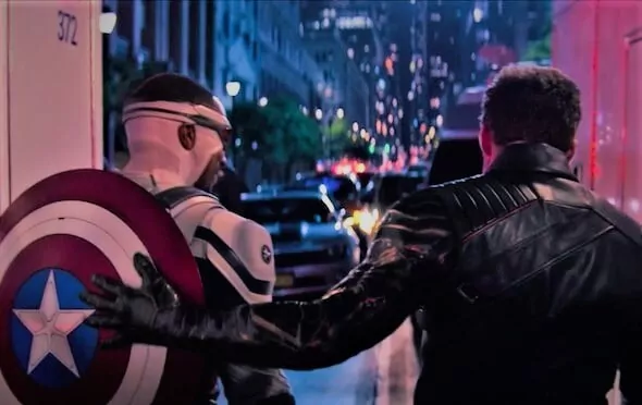 In a still from The Falcon and The Winter Soldier